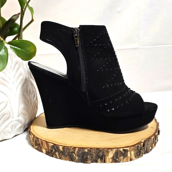 Bella Vita Black Rhinestone Wedge Sandal Size 7.5 – Peep Toe, Side Zip, Platform - Picture 5 of 6
